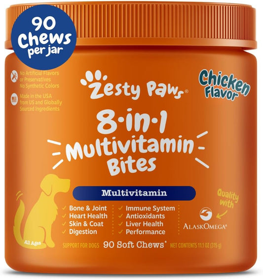 Dog Multivitamin, Chewable Dog Vitamins and Supplements for Hip & Joints, Skin & Coat, Omega 3 Fish Oil for Dogs- Senior & Puppy Multivitamin- Chicken- 90Ct