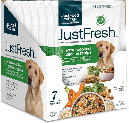 Justfresh Wet Dog Food, Fresh Pet Meals and Toppers with No Preservatives, Resealable Package, Human Grade, Home-Cooked Chicken, 12 Oz - 7 Pack
