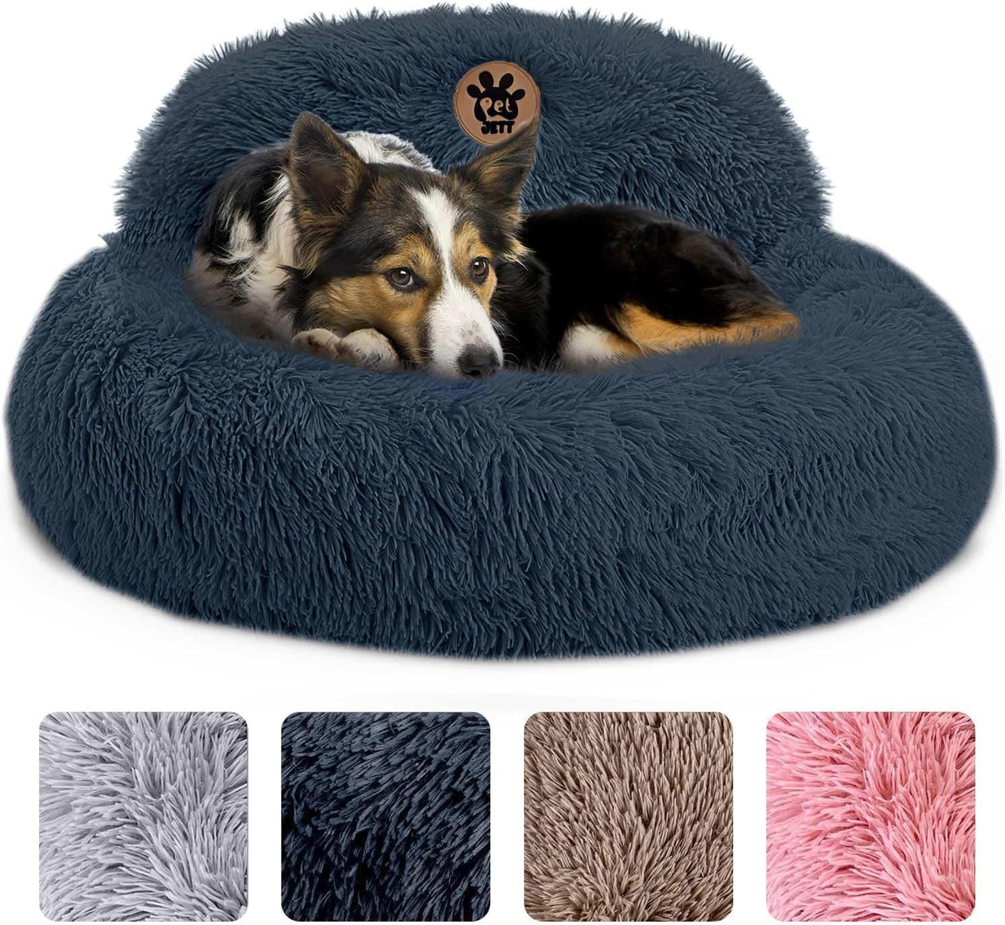 Petjett Calming Dog Bed Medium Size Dog - 30'' Donut Bed, Anti-Slip & Washable Super Soft Fluffy Plush round Bed, Anti-Anxiety Premium Comfort Pet Bed, Fits Dogs up to 45 Lbs - Dark Grey